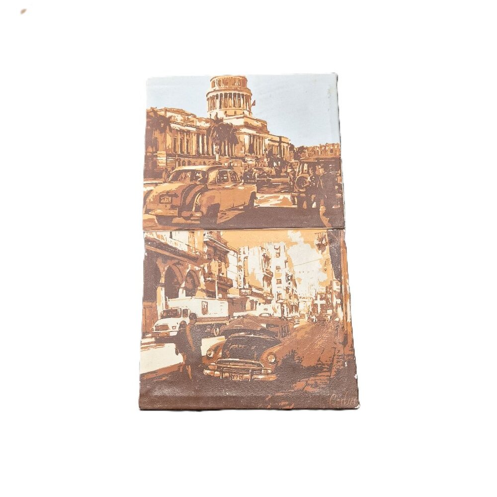 Vintage Handpainted Cuban Canvas Pair Havana Cityscape Sepia Tone 6x5”  Boho